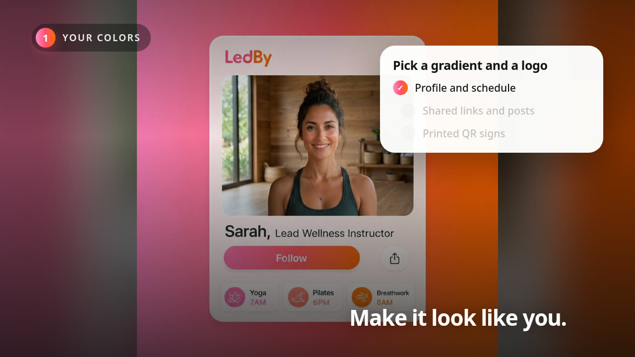 A branded LedBy profile page and QR code in a studio's own colors
