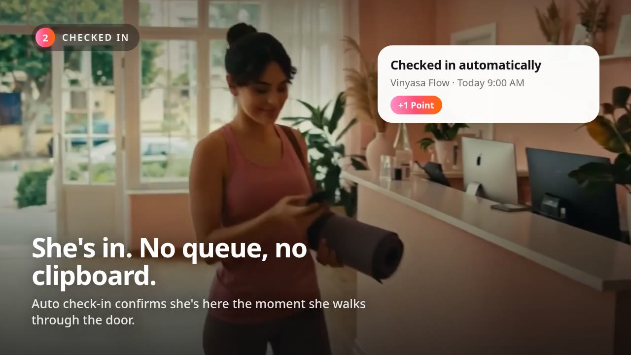 A student arriving at a yoga studio while LedBy confirms her check-in for Vinyasa Flow