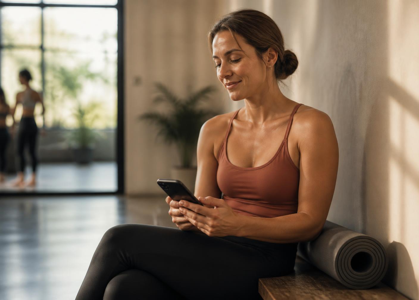 An instructor between classes glancing at her phone and relaxing
