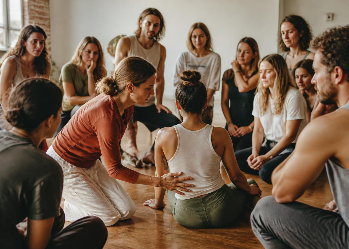 An instructor kneeling to adjust a student's posture while the workshop watches