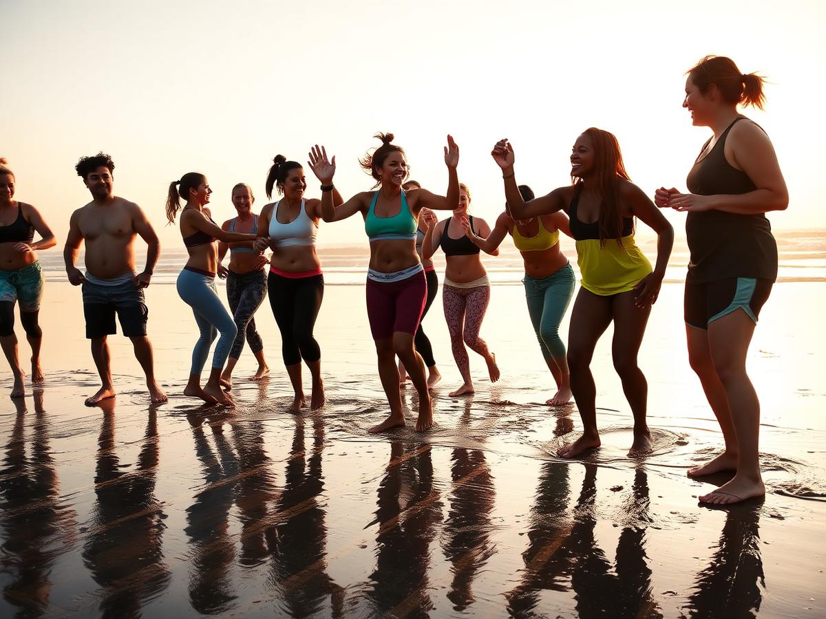 Friends carrying boards after a beach workout and recovery session