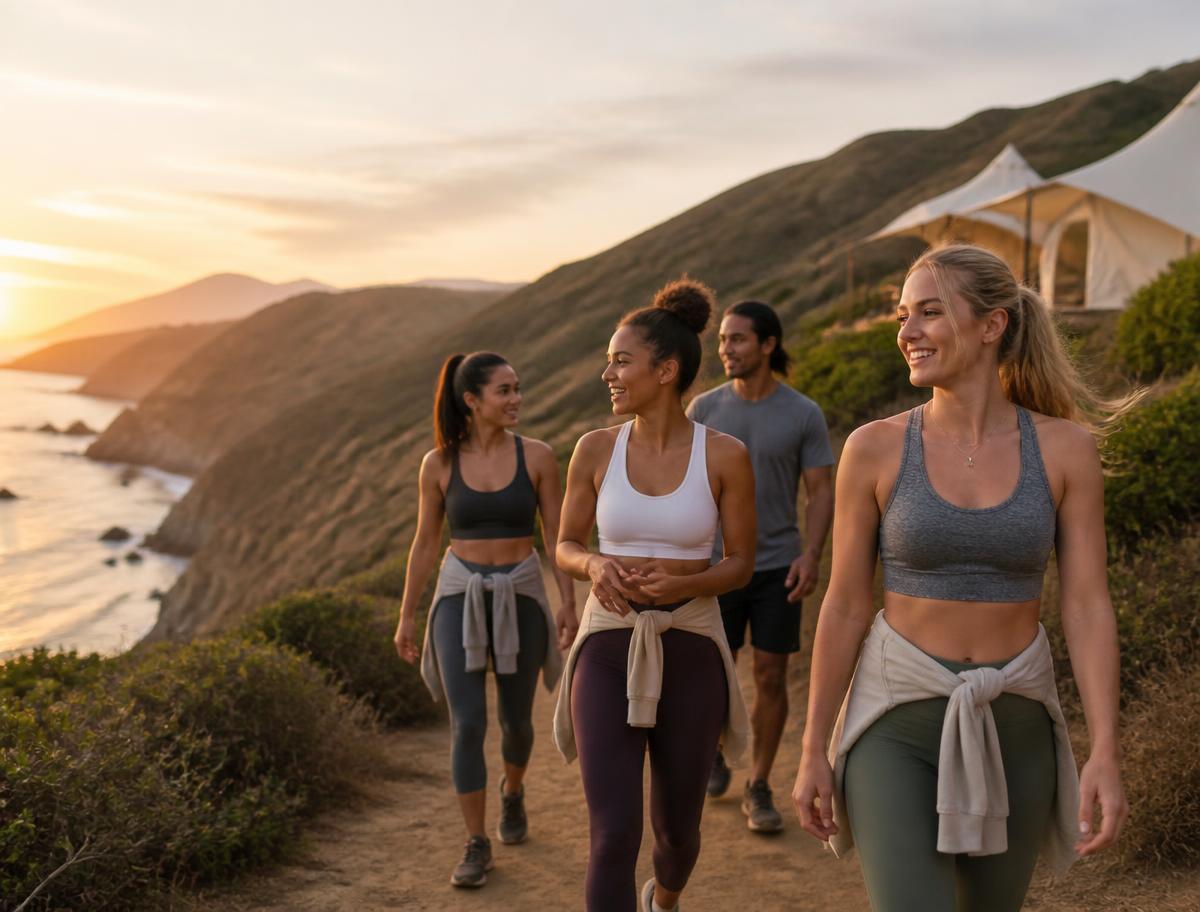 A fitness group hiking on a Big Sur trail before a glamping night