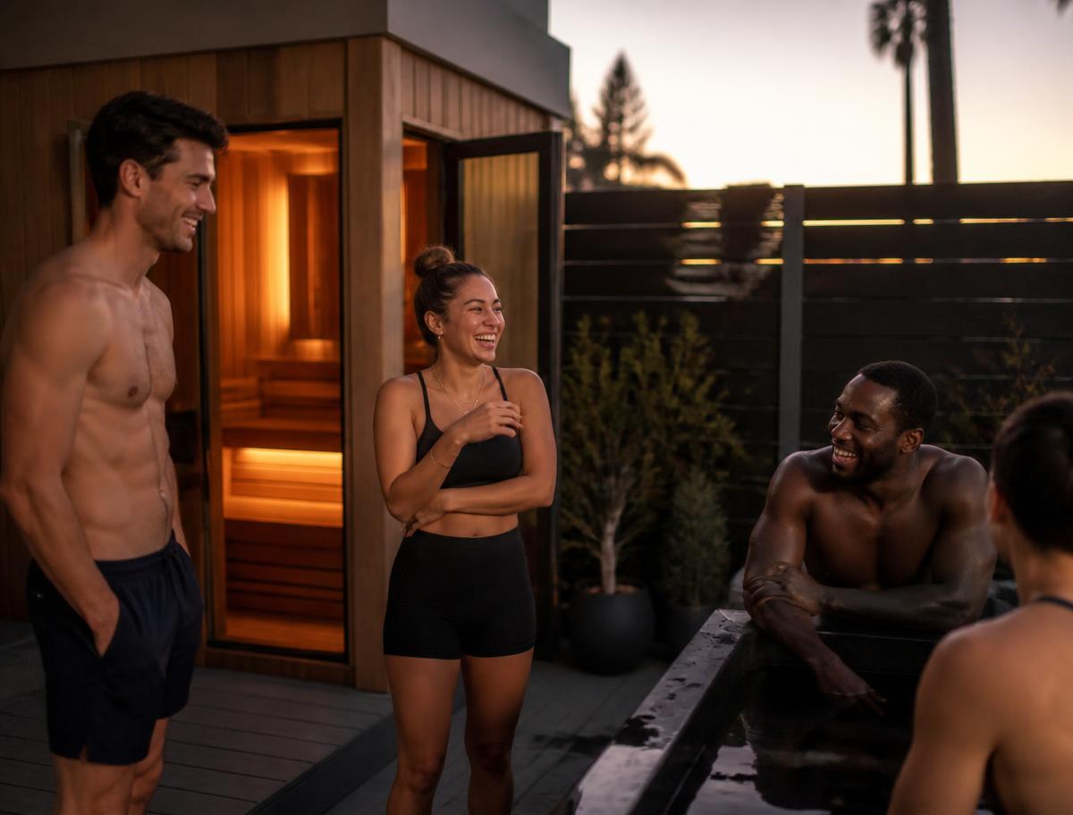 Friends talking between sauna and cold plunge recovery sessions