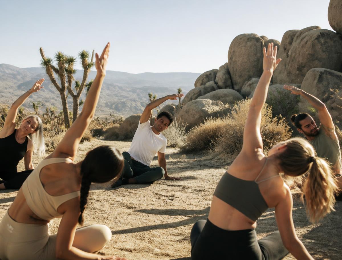 A small wellness group stretching together in a desert retreat setting