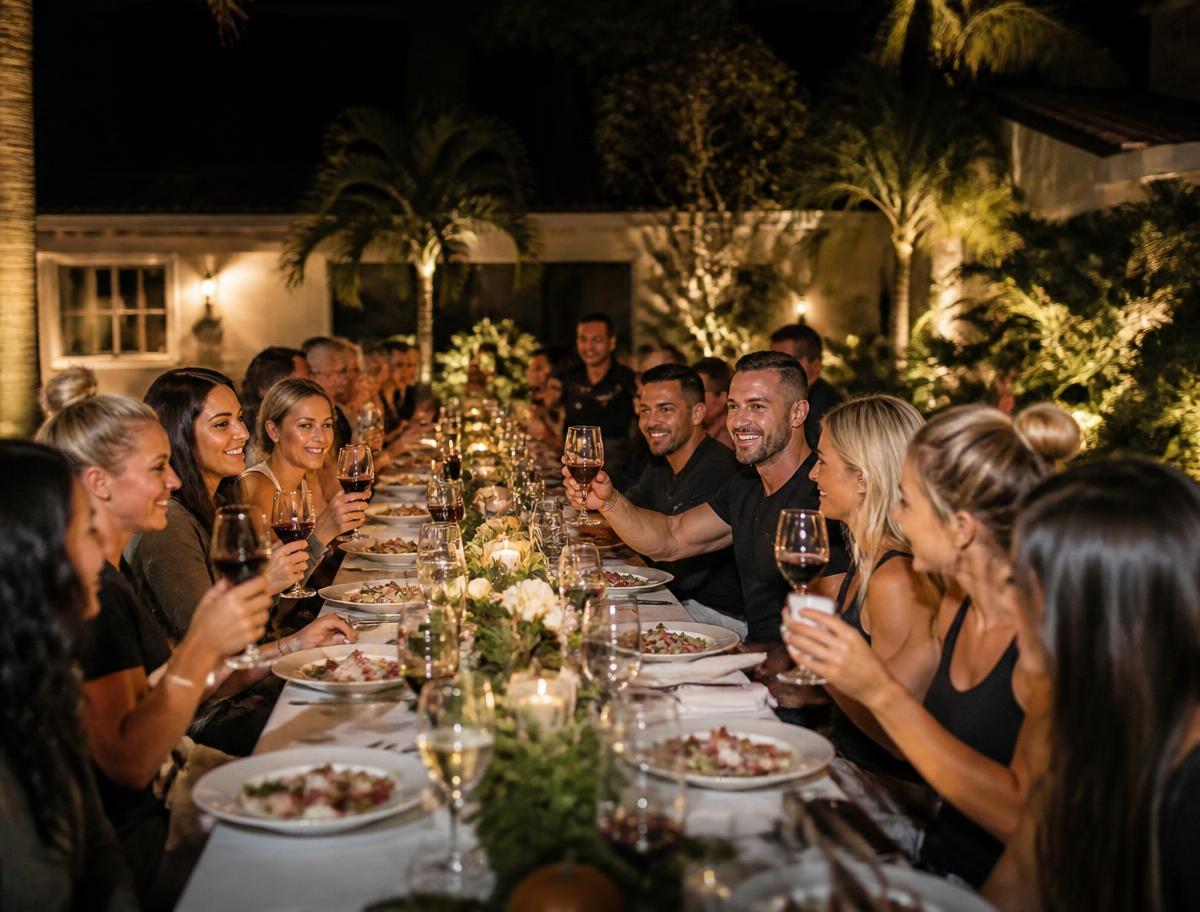 A fitness community sharing a Friendsgiving table after class