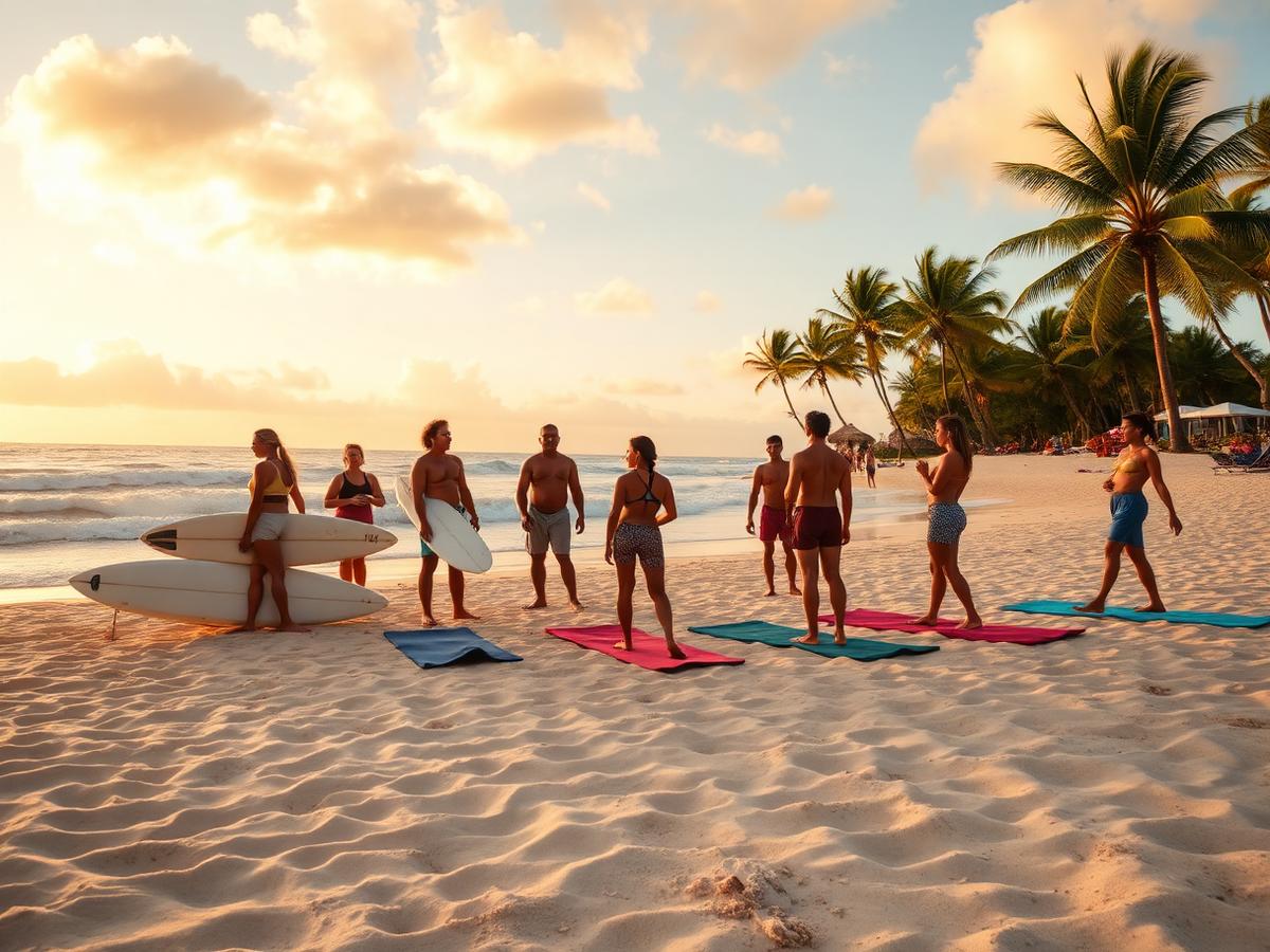 Surfboards and mats laid out on a Hawaiian beach at sunrise