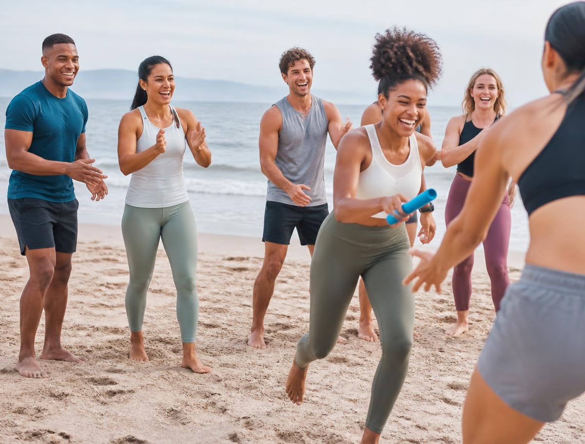 A diverse group competing in beach fitness games in Los Angeles