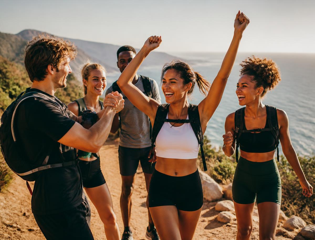 A small group hiking and training on a Malibu coastal trail