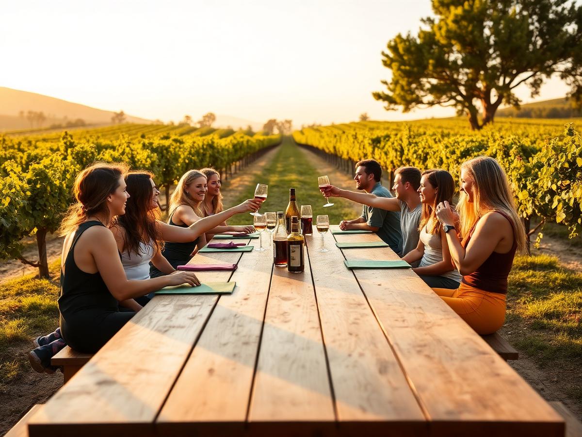 A long vineyard table where a group is toasting after a morning class