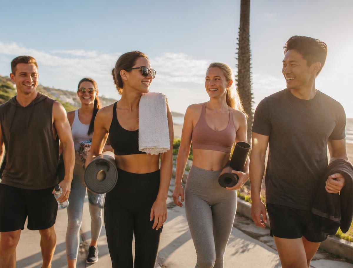 A sunrise fitness group gathering on the beach in Newport Beach