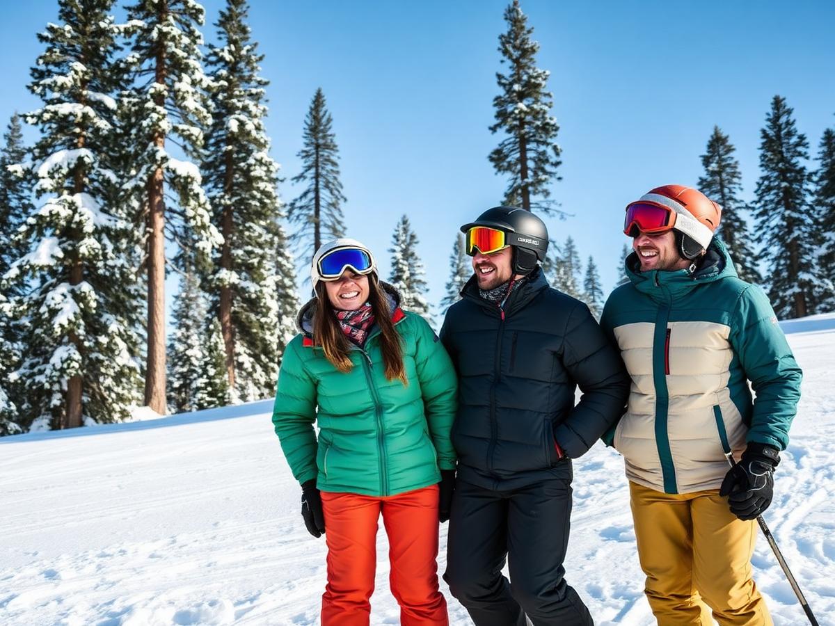 Friends in ski gear laughing on a snowy Tahoe slope