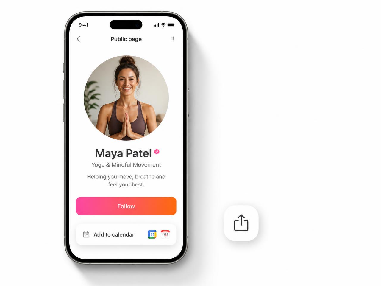 A LedBy profile with a Follow button, calendar sync options and a share action