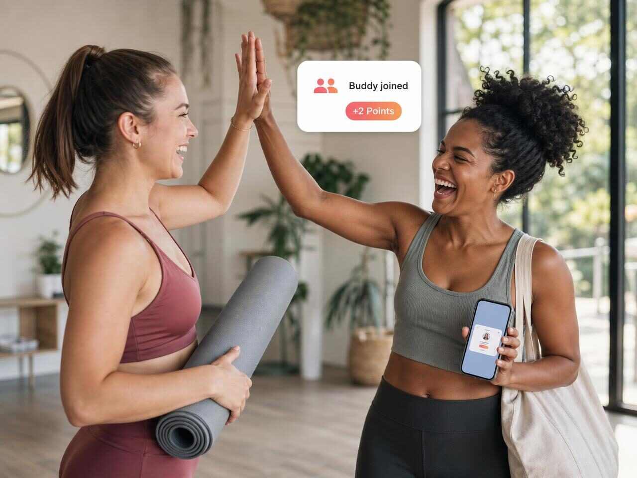 Two friends high-fiving in a studio with a buddy-joined notification and points reward