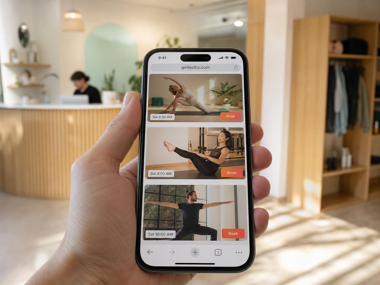 A student scrolling a photo-rich feed of nearby instructors on her phone
