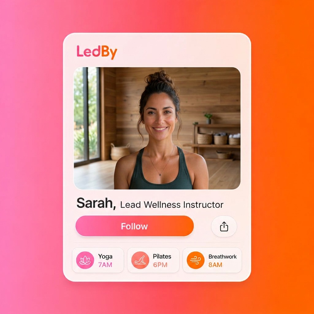 A LedBy instructor page showing Sarah's photo, a Follow button and her Yoga, Pilates and Breathwork classes