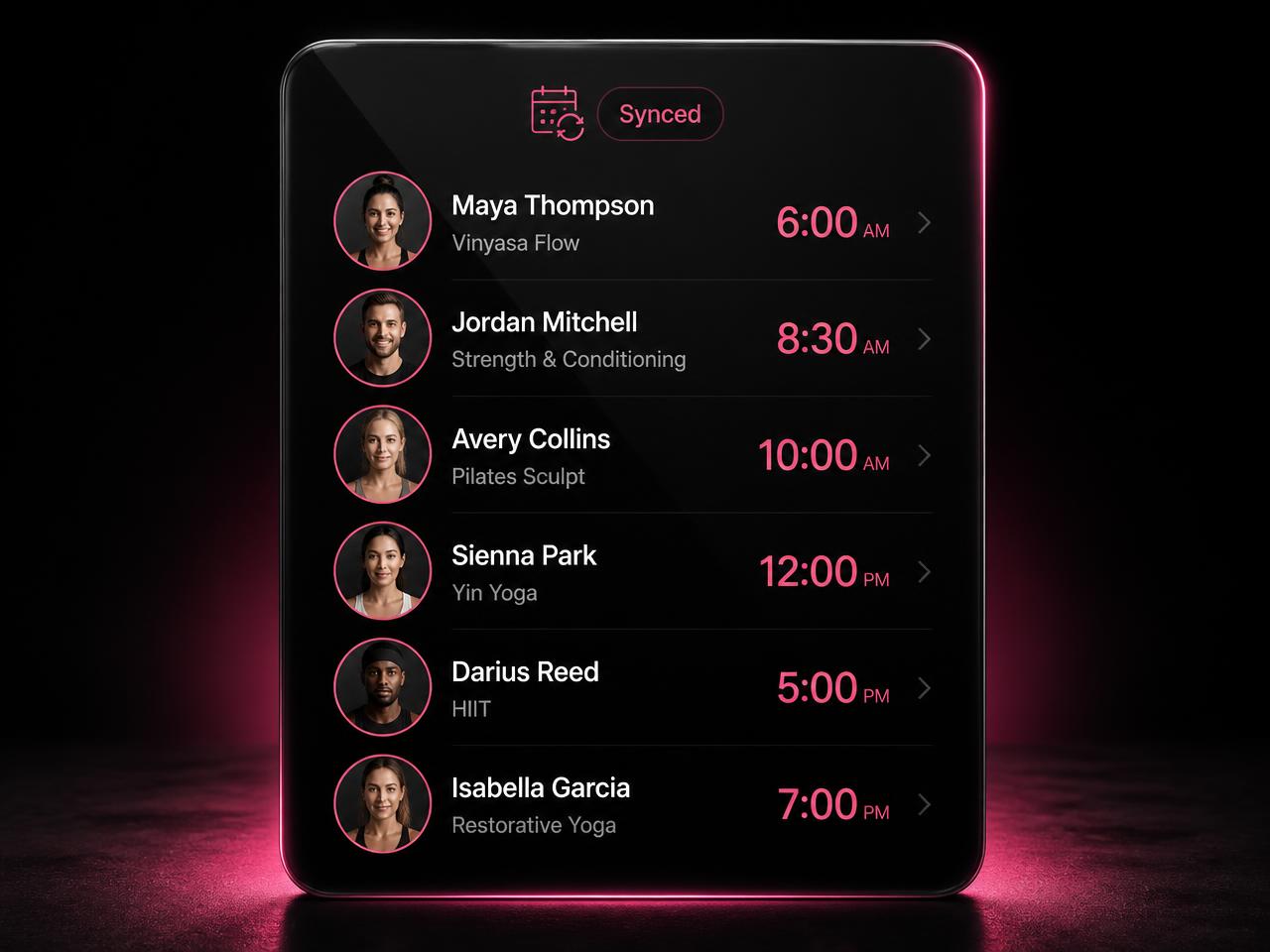 A synced roster of instructors and class times