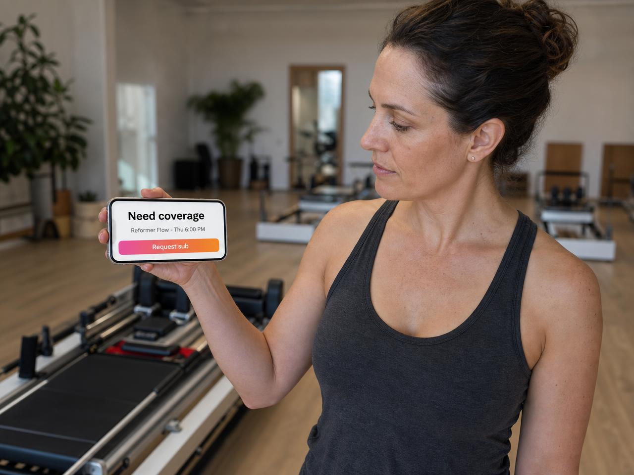 Pilates instructor beside a reformer requesting a sub for her evening class on her phone