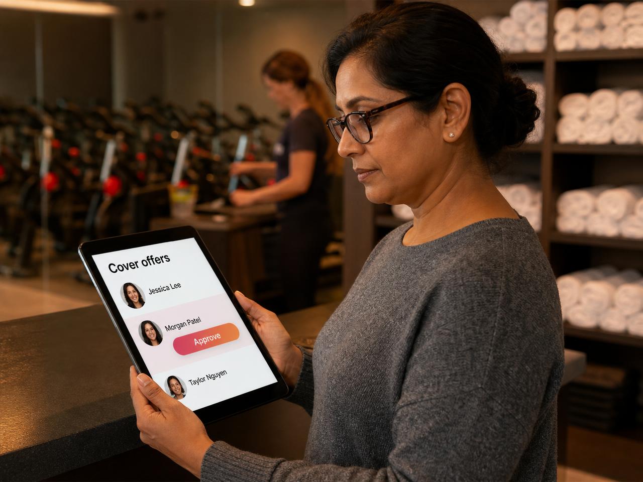 Studio manager at a cycling studio desk approving one of three cover offers on a tablet